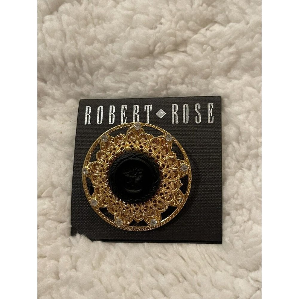 Vintage Robert Rose Gold Toned Black Center Round Brooch Pin Lady Brooch Pin NOS